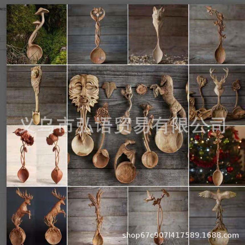 跨851420工境款动物鸟子木质艺品摆件新收勺藏花朵勺子