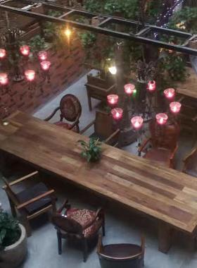 老榆长木商用民餐桌桌椅组合实木餐桌25819方形桌宿复古做旧茶吃