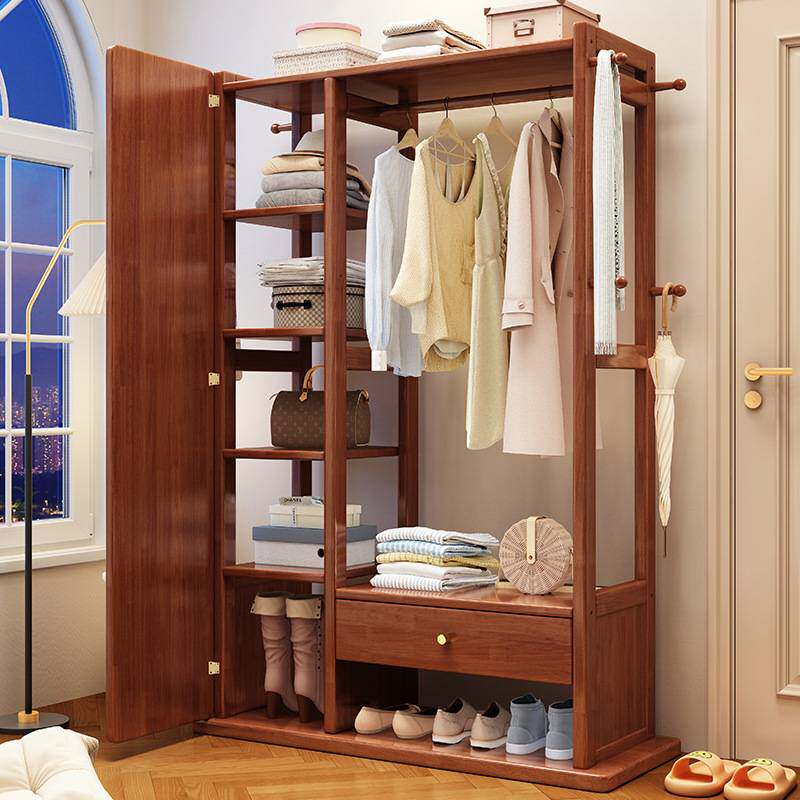 实木衣帽架落地卧室带镜子简约家用门后挂衣架多层置物架子收纳柜