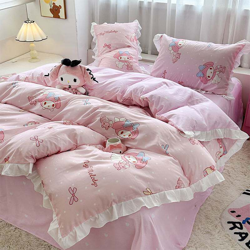 三丽鸥纯棉花边款四件套全棉公主风卡通HelloKitty床单被套床裙款