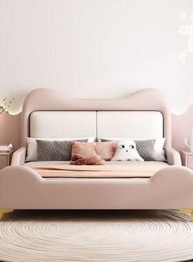 公主床轻约卡通科皮床奢技布童床可爱简1.5NZI米男孩女孩粉色猫咪
