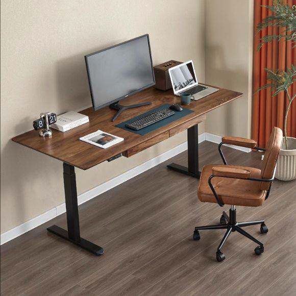 电动升降书桌可调节黑胡桃木工作台实木原木智能电竞学习桌电脑桌