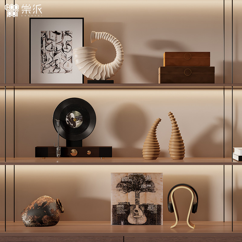 侘寂风酒店会所办公室壁龛复古软装摆件客厅展示柜博古架高档装饰