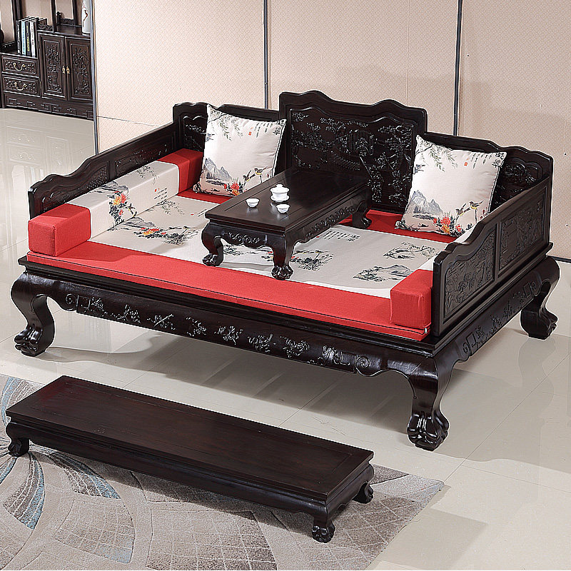 黑檀罗汉床中式仿古典炕床大床睡榻皮灰木风车木红木实木家具