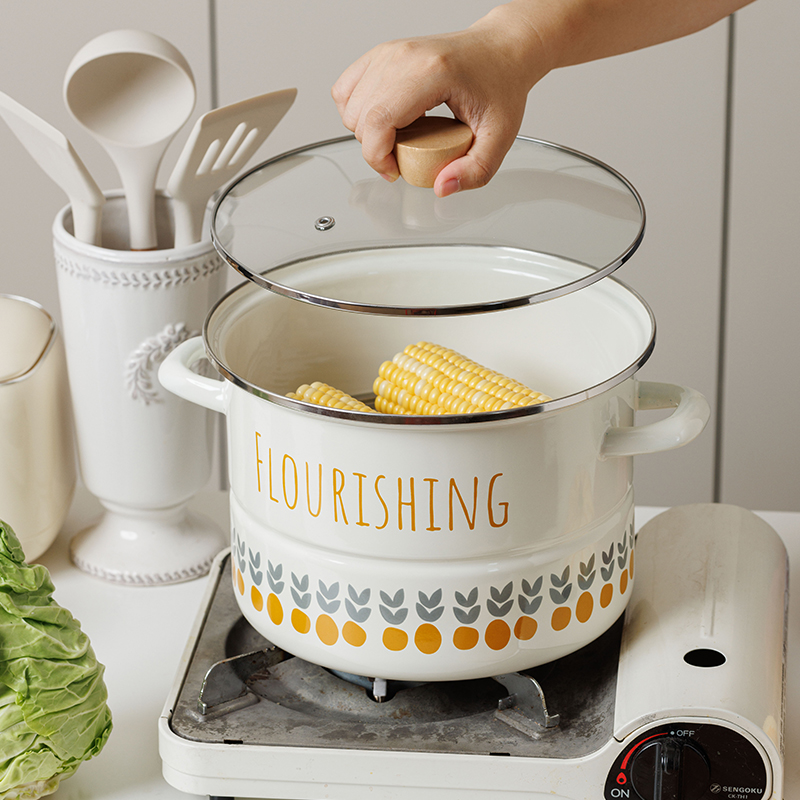 搪瓷蒸锅家用2024新款家用小型燃气灶专用电磁炉珐琅单层煮锅一体