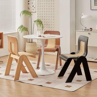 藤编中设古计师法式轻奢复阳台办家用实古木KAE靠背公餐椅卧室椅