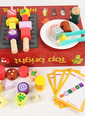 儿童木仿真烧烤架玩烧烤摊过家家食物烧烤串串套装亲MEJ子制桌乐