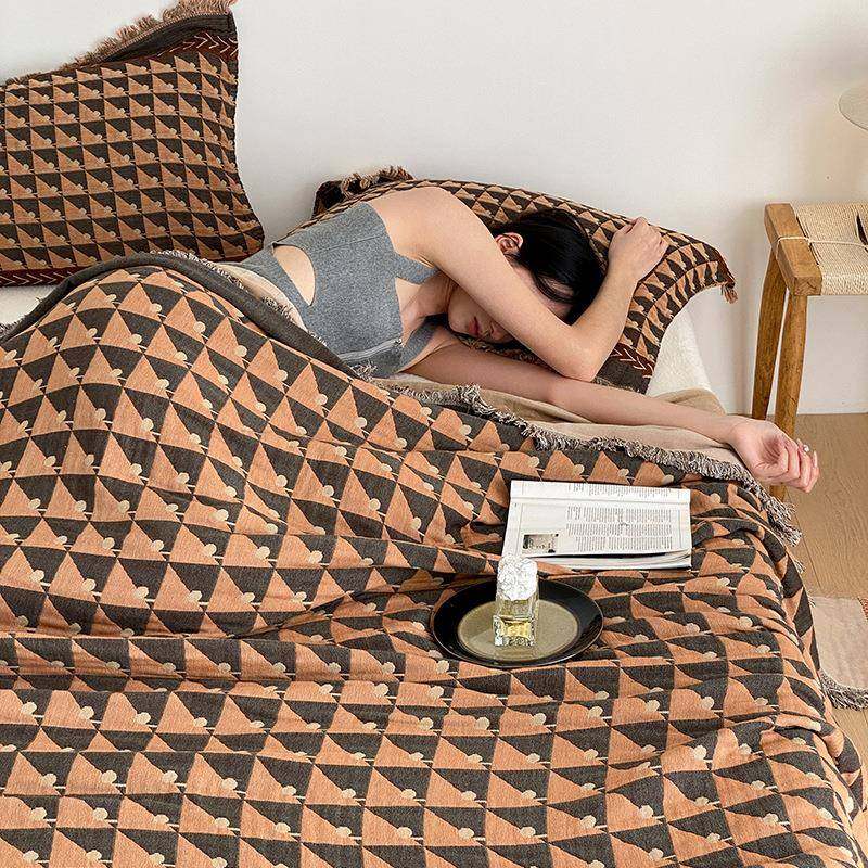 全棉四层纱布流苏闲毯发旅无品牌/行披肩休午毯办公室睡毯沙盖毯