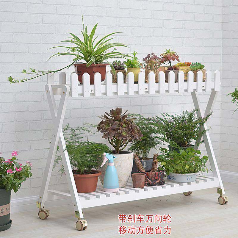 UZ7K阳台实木肉花架双层可移动落地式置花物栏架户外庭院多带栅盆