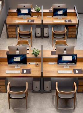 美实木公桌工4人桌椅组合职员式桌卡位QSX工业风屏风隔断办公室办