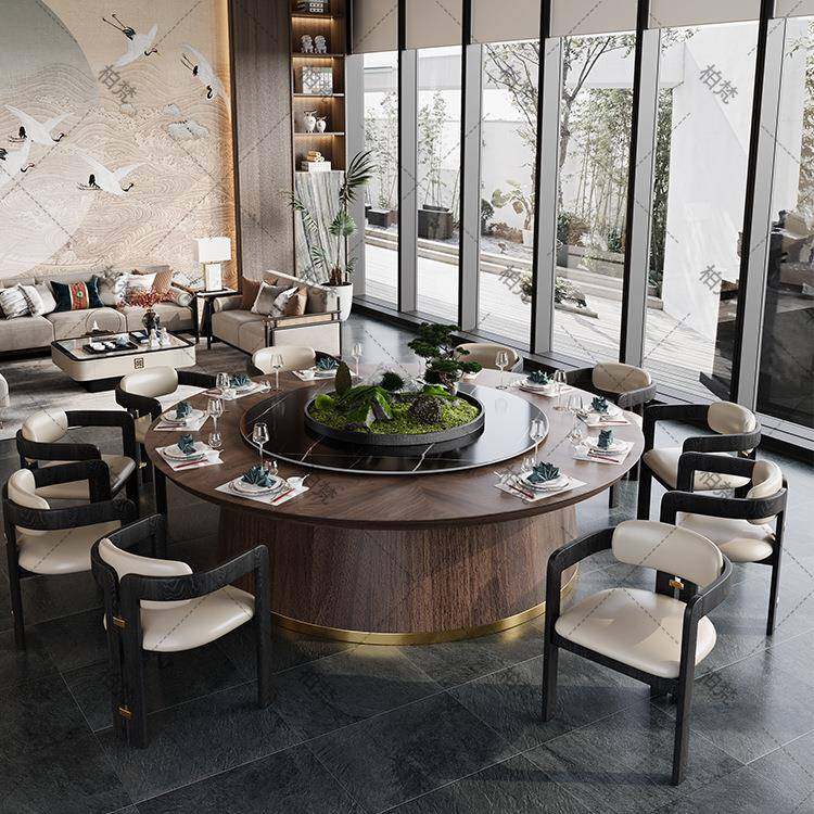 新中式包店厢岩板旋转电转盘1.8动LUTm实木大桌圆24人酒餐桌椅组