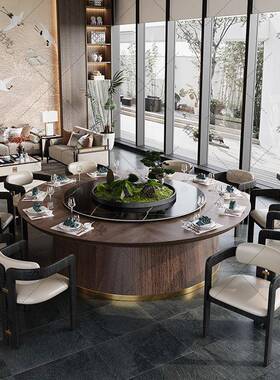 新中式包店厢岩板旋转电转盘1.8动LUTm实木大桌圆24人酒餐桌椅组