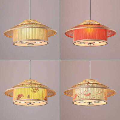 火锅店包厢带射灯竹编灯笼吊灯中式茶楼饭店包间店铺民宿草帽灯具