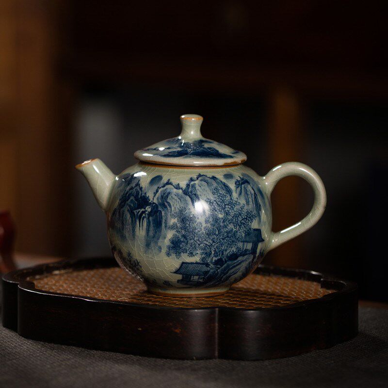 名悟柴窑青花山水陶瓷茶壶 纯手工绘画复古泡茶壶 高档茶具小单壶