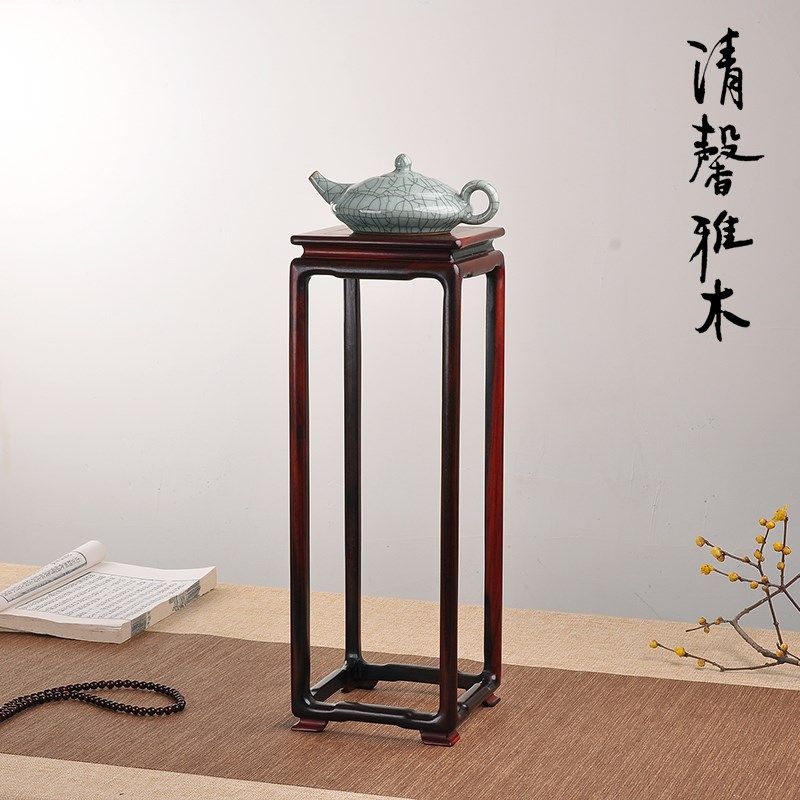 酸枝紫光檀木中式微型盆景花瓶古玩玉石小方几茶壶摆件底座实木托