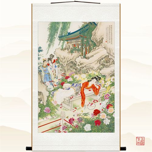 史湘云人物画像 红楼梦仕女醉卧芍药圃图 绢布卷轴挂画装饰画定制