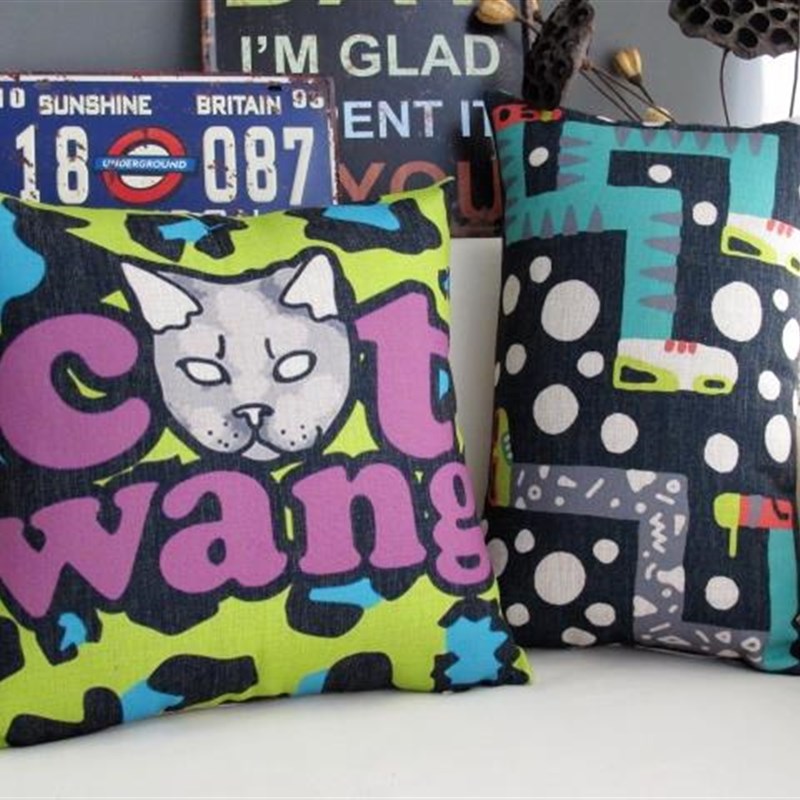 卡通抽象条纹涂鸦波普风创意摇滚棉麻腰枕办公室沙发抱枕靠垫