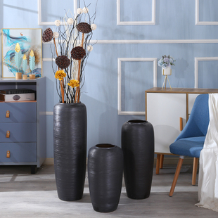 陶瓷落地花瓶大号黑色复古怀旧客厅阳台沙发电视柜插花装 饰摆件