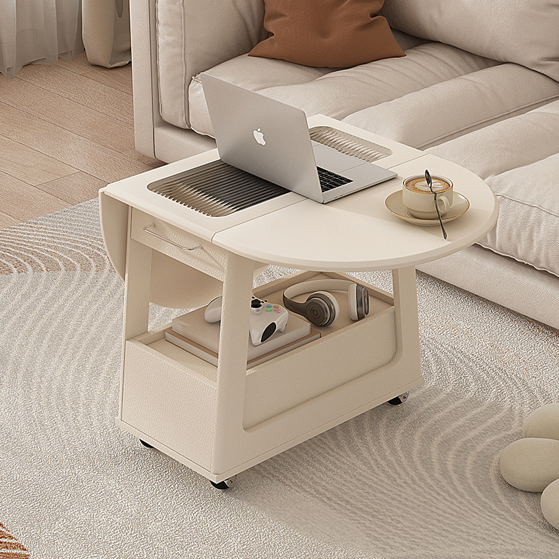 奶油风可折叠茶几边几简约现代小户型实木客厅移动圆桌阳台小推车