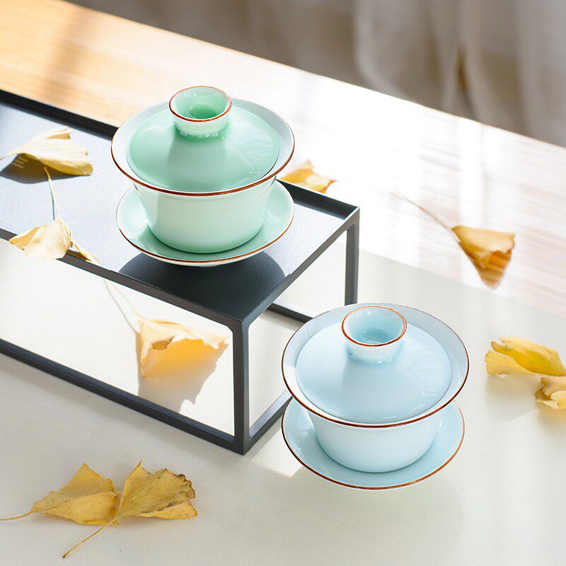 青瓷小鱼盖碗功夫茶具陶瓷创意三才碗茶杯盖杯中式家用个性敬茶碗