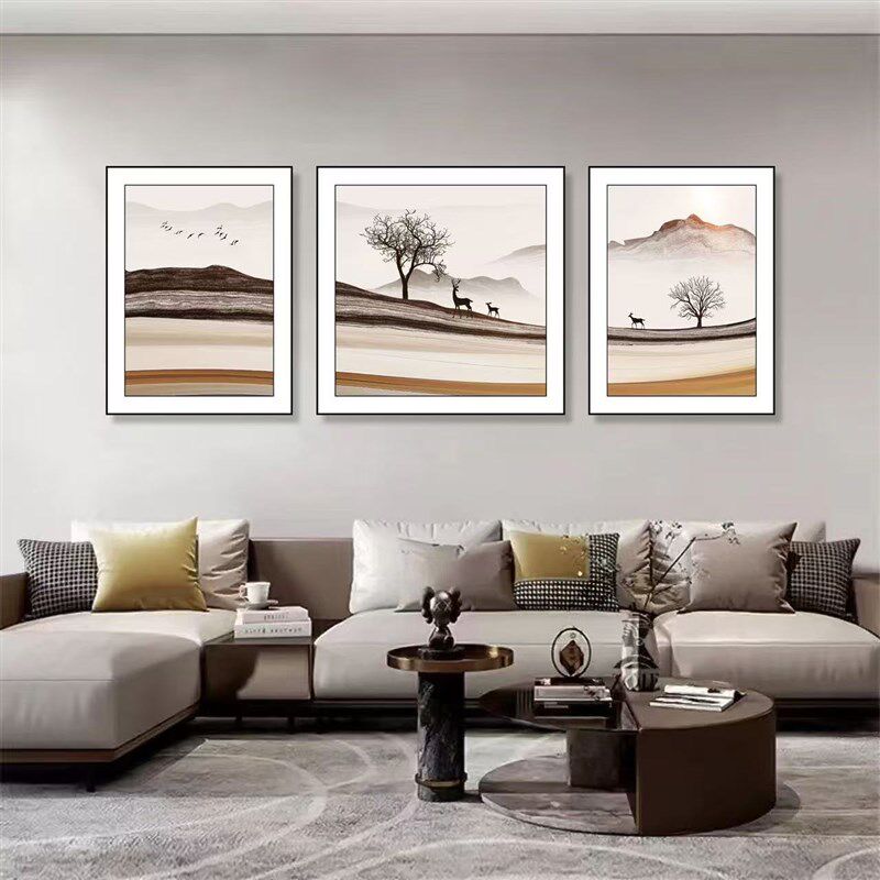 沙发背景墙挂画皮革肌理烫金现代装饰画客厅壁画玄关装饰三联画