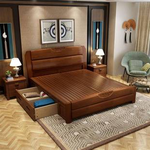 实木家床主卧双人1.5m18米LMV现代.简高约经济型箱储物橡木色中式