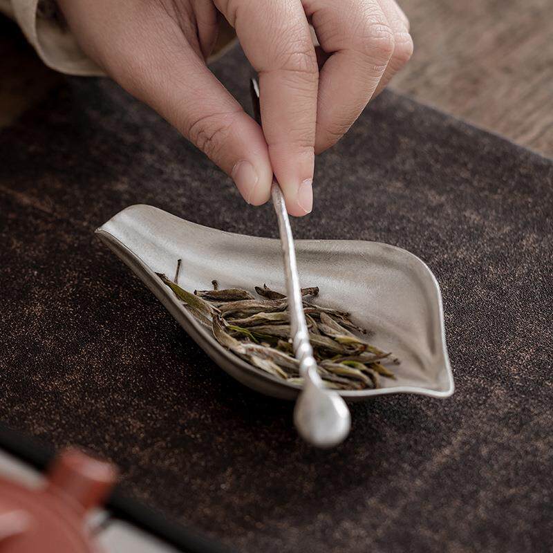 中式锡制莲瓣型茶SBU则带拨赏茶茶荷茶勺工配夫茶道零分茶新器