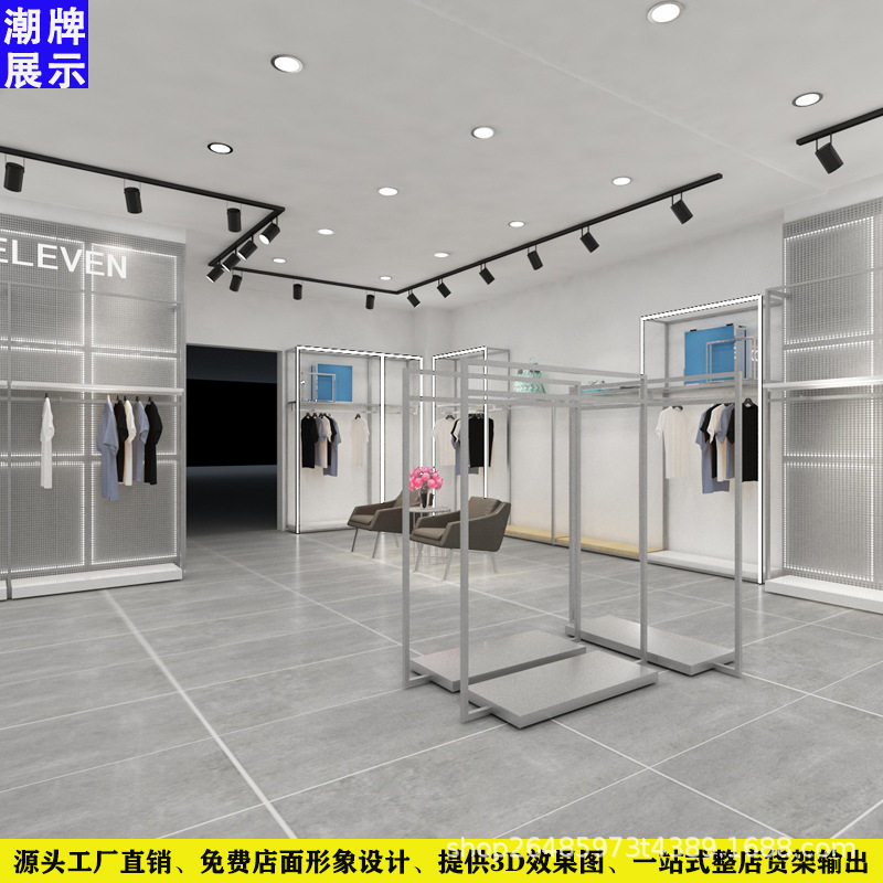 不锈钢拉丝男装货架设计男装货架中岛架带灯男装货架商务男装货架