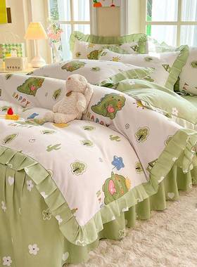 件韩系裙公主蓝风奶色W8bCf3WX床四套加厚磨毛卡通床单被套三