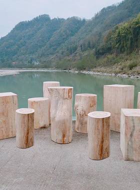 0雕J桩树桩实木圆原LAW木树墩摆件造景服装店坐凳木头根凳凳木子