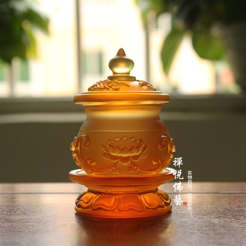 禅悦佛艺手工古法琉璃浮雕莲花圣水杯佛供用品水贡杯摆件佛前供具