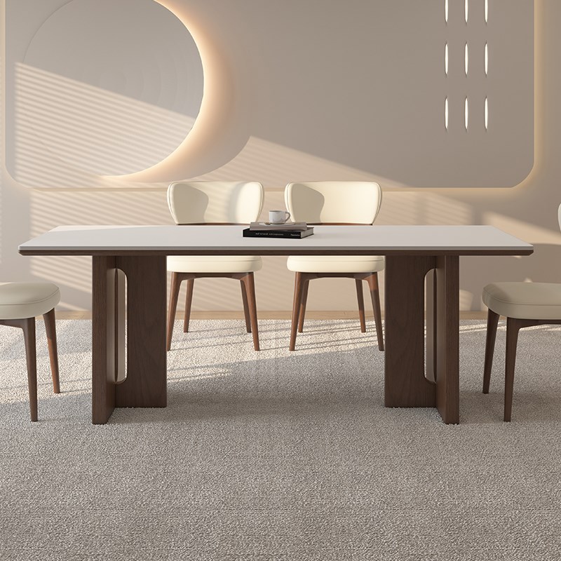 实木岩板餐桌家用小户型中古奶油风长方形桌子高端原木全托饭桌