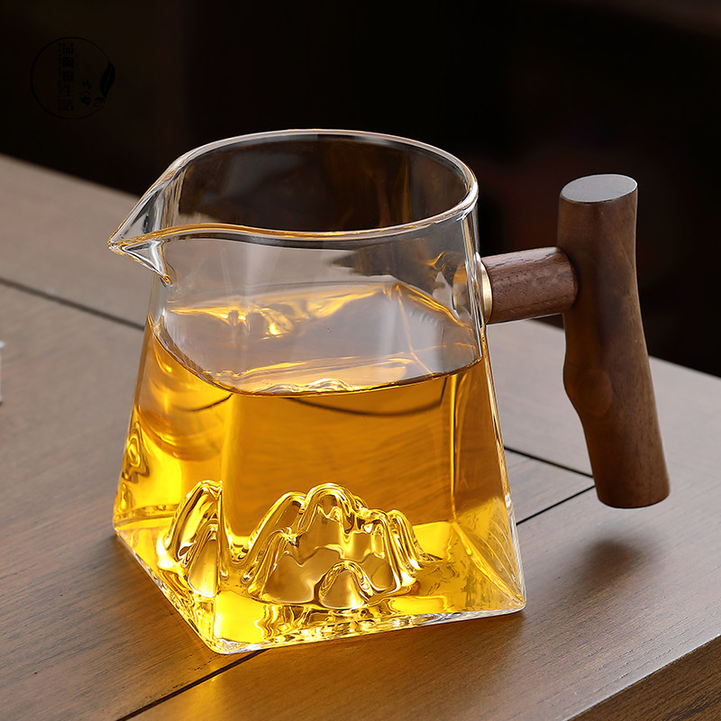 观山公道杯侧把茶漏一体玻璃公杯泡茶分茶器加厚茶海茶具配件滤茶