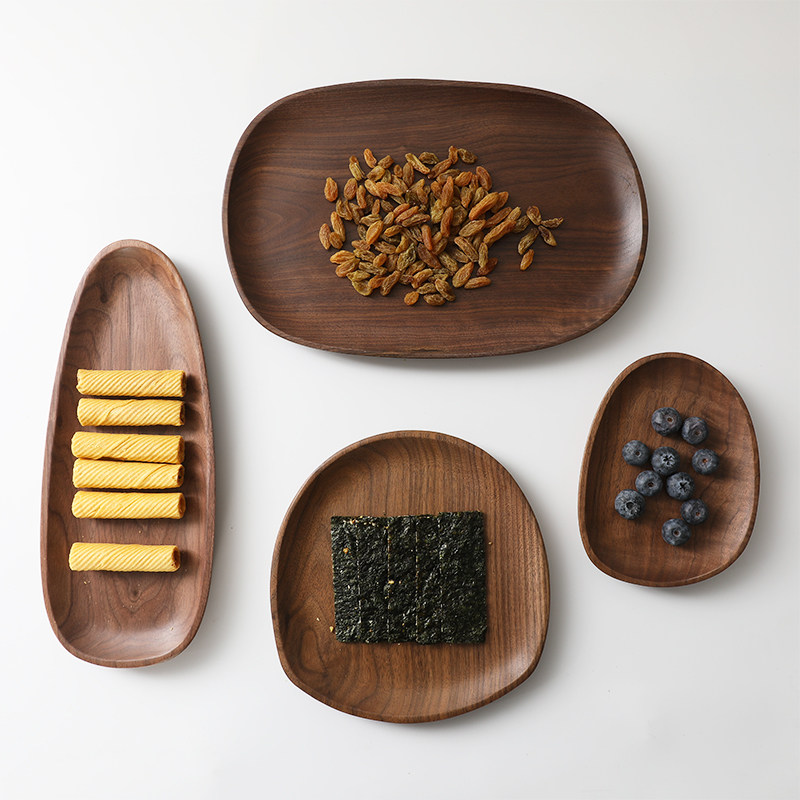 深梵 整木黑胡桃木果盘家用点心盘茶托盘实木不规则椭圆形干果盘