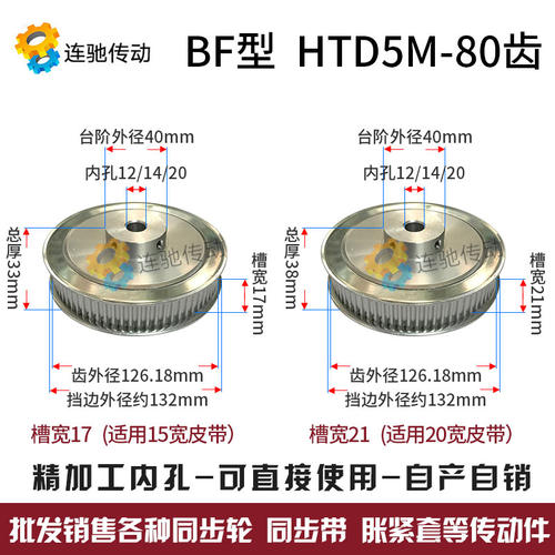同步轮HTD5M-80齿 精加工内孔 20 22 24 25 BF型 同步带轮 铝合金