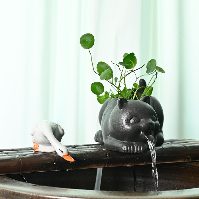 陶瓷动物喵星人流水摆件鱼缸装饰出水口水培绿植花瓶沼泽生态过滤
