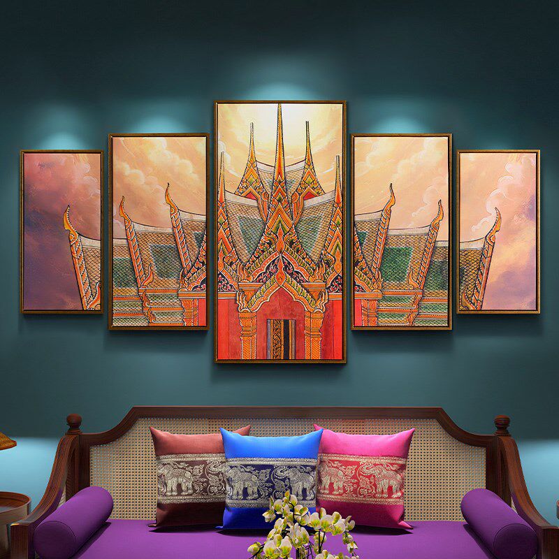 异丽东南亚装饰画泰式建筑壁画傣族风格酒店壁画泰国风情餐厅挂画