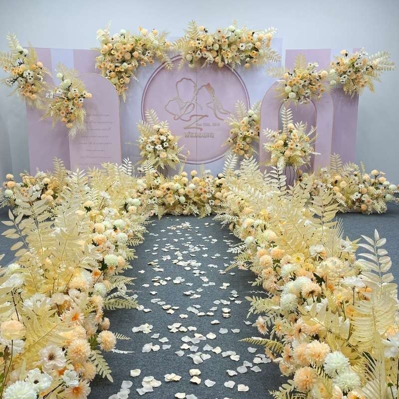 香槟色仿真花婚礼布置点花排花角花路引花球婚庆背景舞台装饰花艺