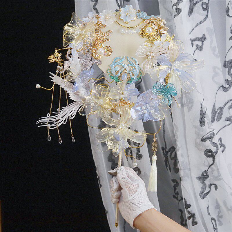 团扇新娘结婚蓝色材料包中式扇子手工秀禾服婚礼高级感喜扇成品