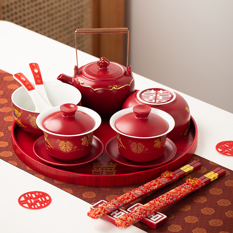 结婚改口敬茶杯装喜茶壶喜杯红色陶瓷龙凤喜碗一对陪嫁婚庆用品