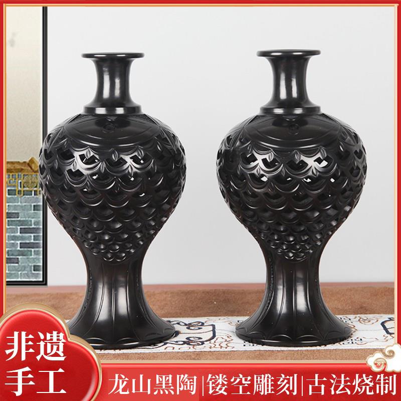 山东龙山黑陶年年有余花瓶陶瓷工艺品家居装饰桌面摆件乔迁送礼