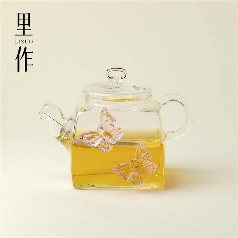 里作 高硼硅玻璃泡茶壶粉蝴蝶玻璃方壶透明带过滤花茶壶功夫茶具