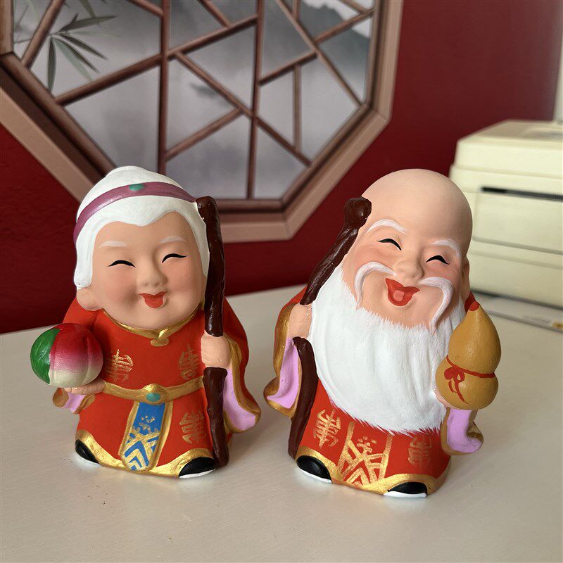 天津泥人张小寿星小寿婆迷你桌面老爷爷老奶奶装饰泥塑手工摆件