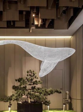 不锈钢铁艺镂空鲸鱼海豚雕塑酒店大堂展厅会所空中吊装艺术品海洋