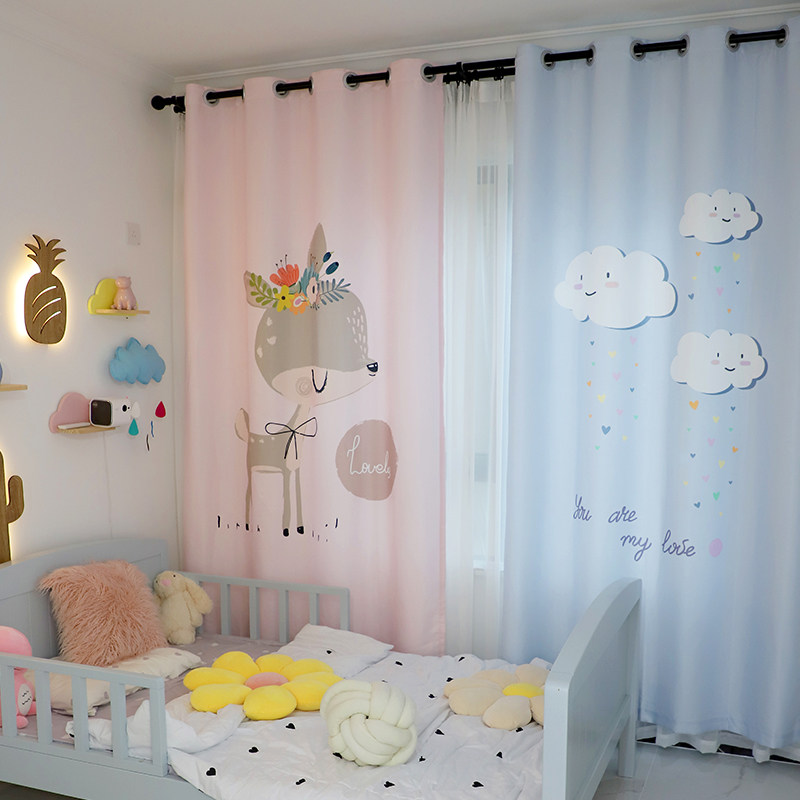 2021年新款粉色少女小鹿卧室公主风儿童房窗帘遮光卡通飘窗免打孔 - 天河鞋履馆出品