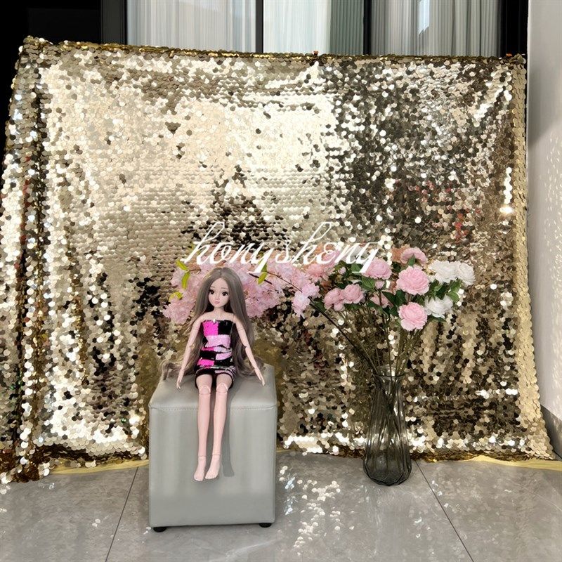 香槟金色浅金色加密大鱼鳞片发光闪亮大拍照背景布料派对装饰布