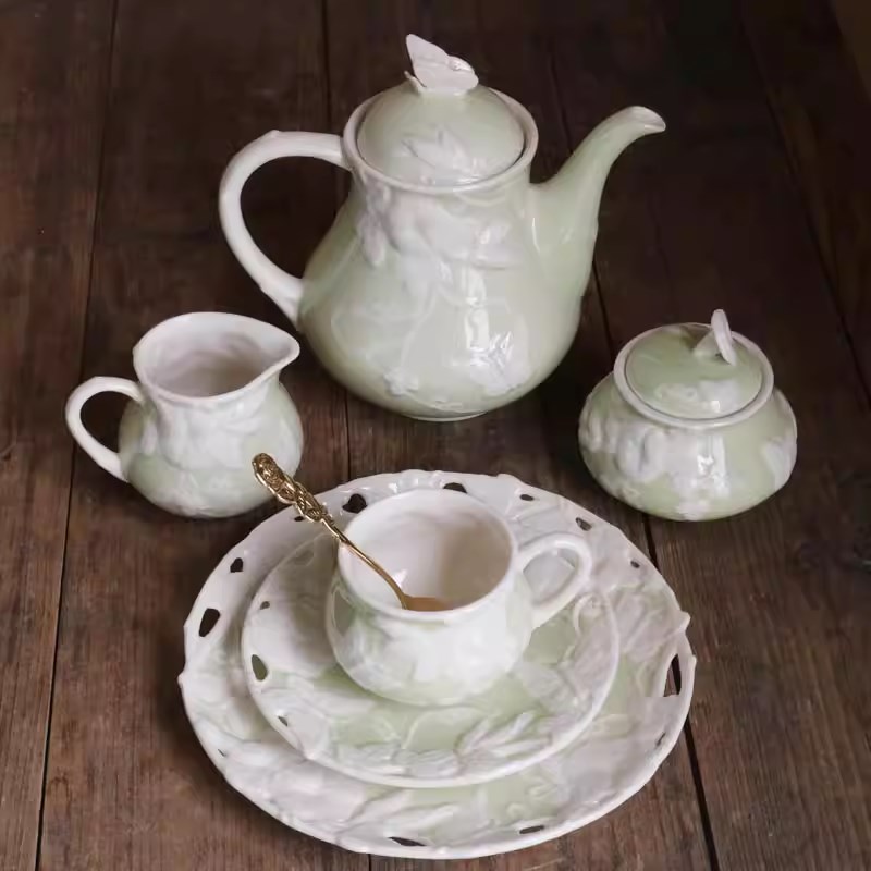 出口欧洲浮雕牵牛花清新茶具餐盘甜品盘子咖啡杯碟糖罐奶壶茶壶