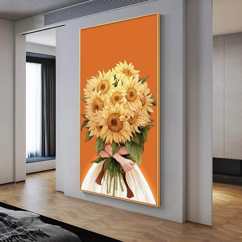 清新向日葵花卉走廊过道客厅装饰画简约入户玄关挂画温馨竖版壁画