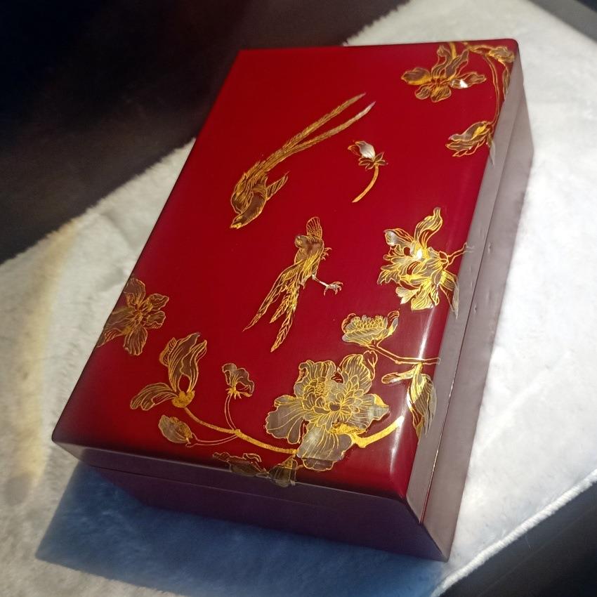 螺钿漆器首饰盒结婚礼金盒贝壳镶嵌手绘勾金古风新娘手饰收纳漆盒