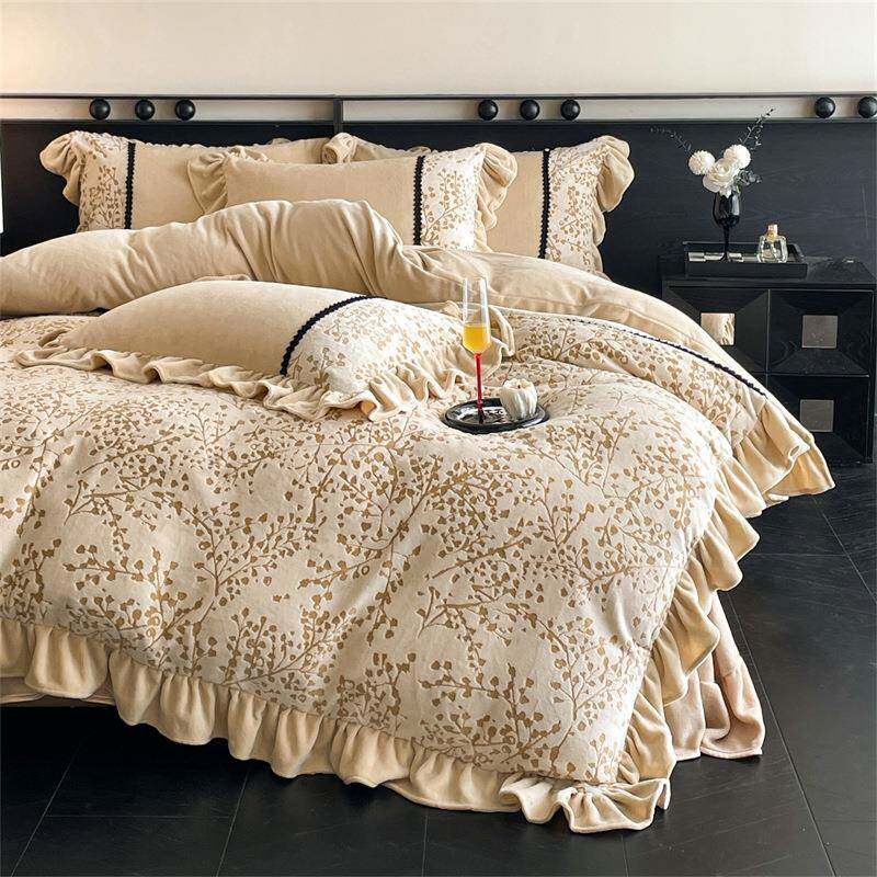 直播热款床上用品四件套绮梦系列雕花AB版工艺款拼接高档床单被套